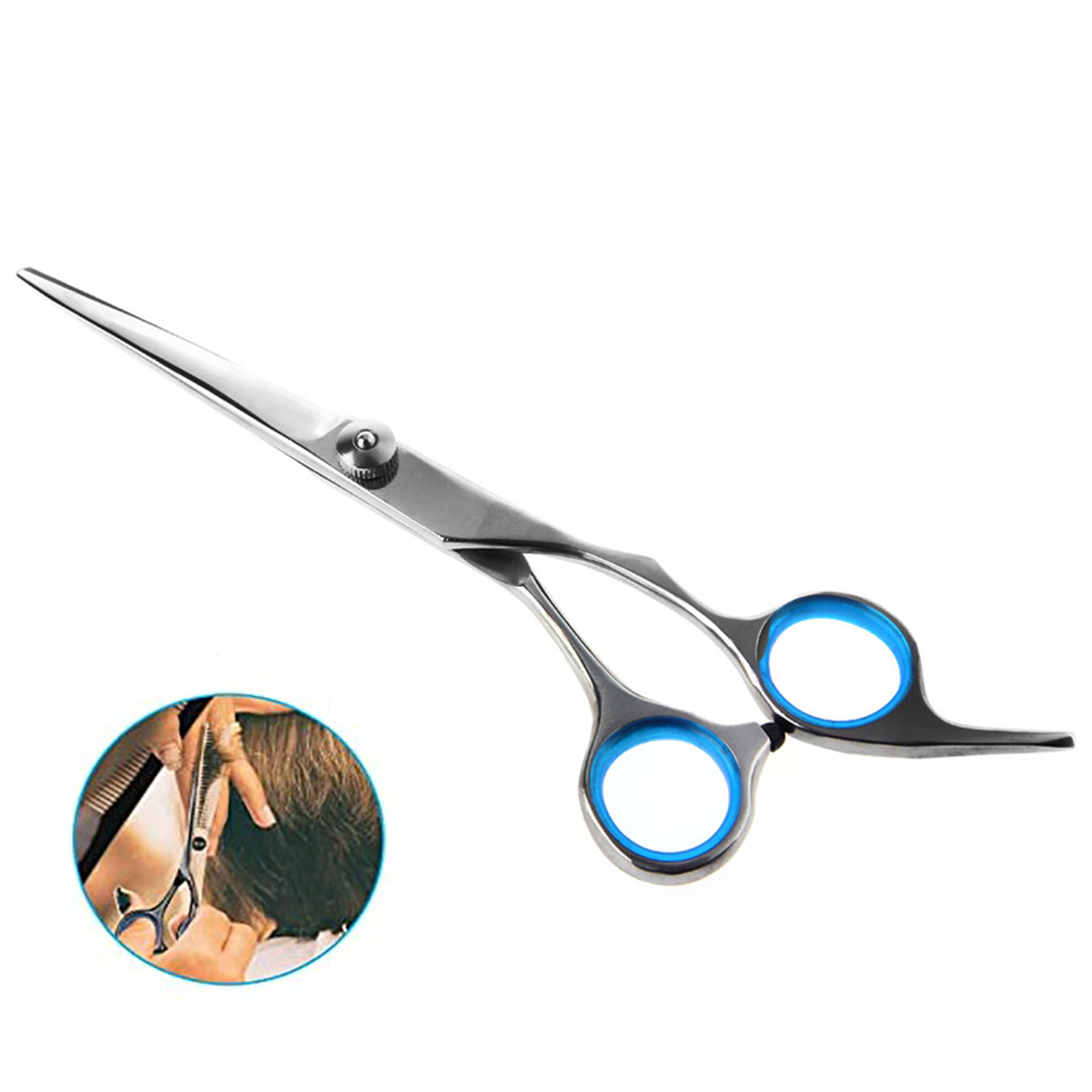 Professionelle silberne Haarschneideschere mit blauen Fingerlöchern und Einsatz.