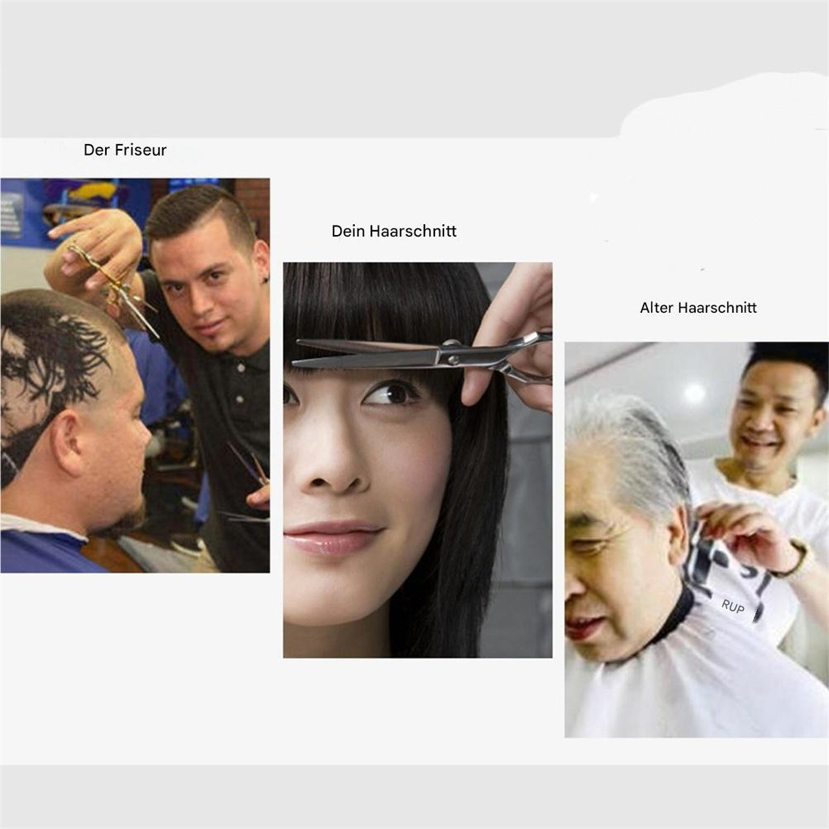 Drei Bilder von Haarschnitten. Eines zeigt einen Friseur, eine Frau beim Haareschneiden und einen älteren Mann mit Haarschnitt.