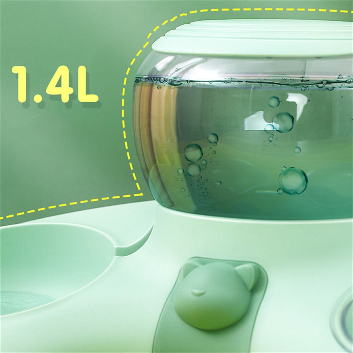 Haustier-Wasserspender. Eine grüne Basis hält einen Wassertank mit 1,4 l.