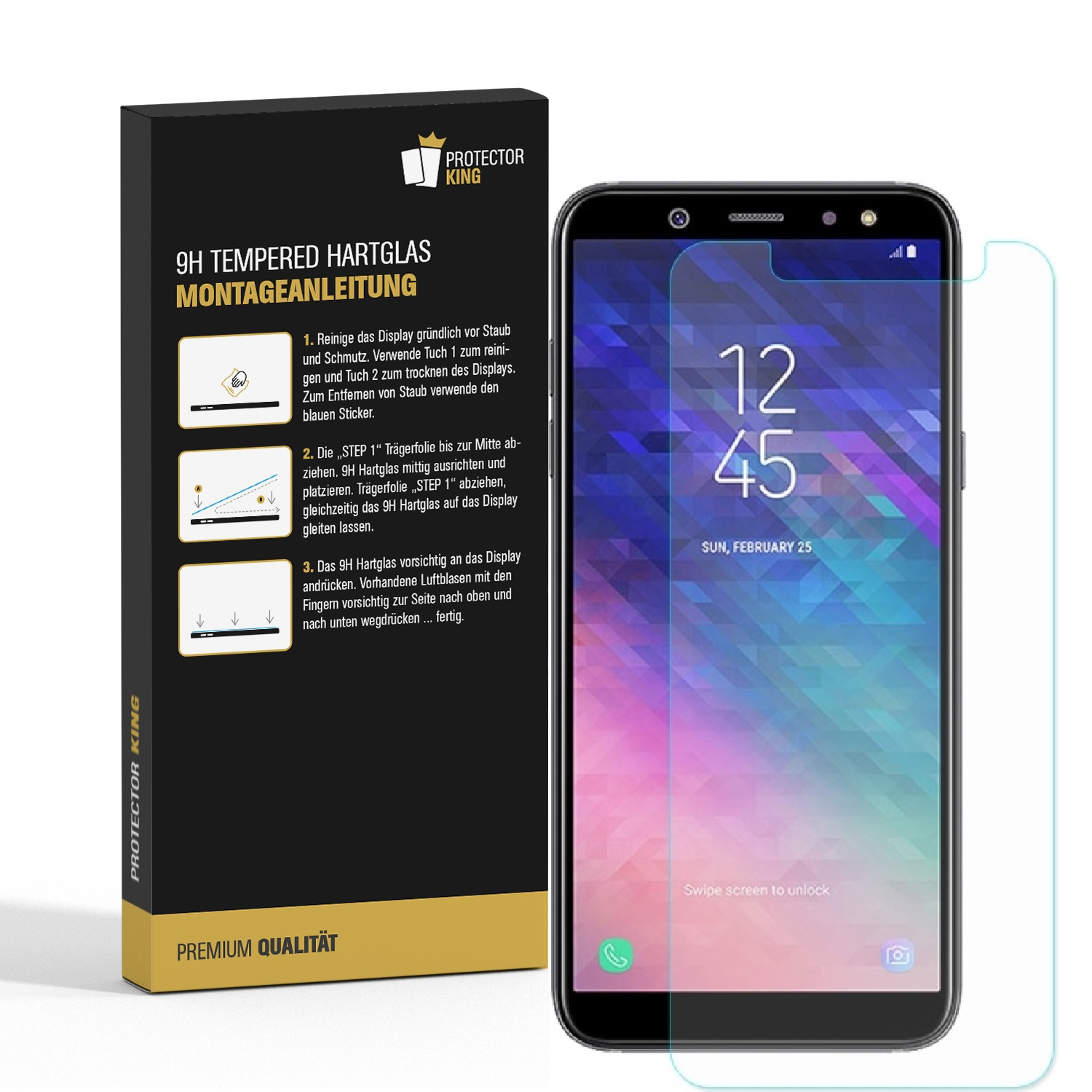 Telefon mit Displayschutz, und eine Box mit Anweisungen.