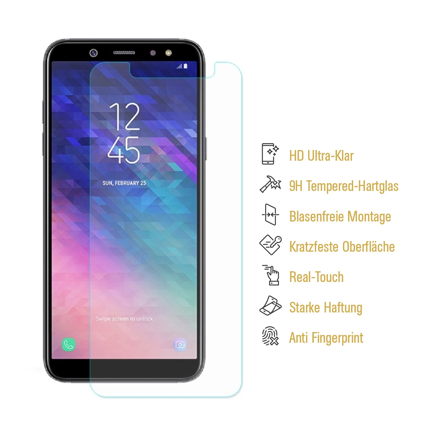 Ein schwarzes Smartphone mit aufgebrachter Displayschutzfolie. Text und Symbole sind sichtbar.