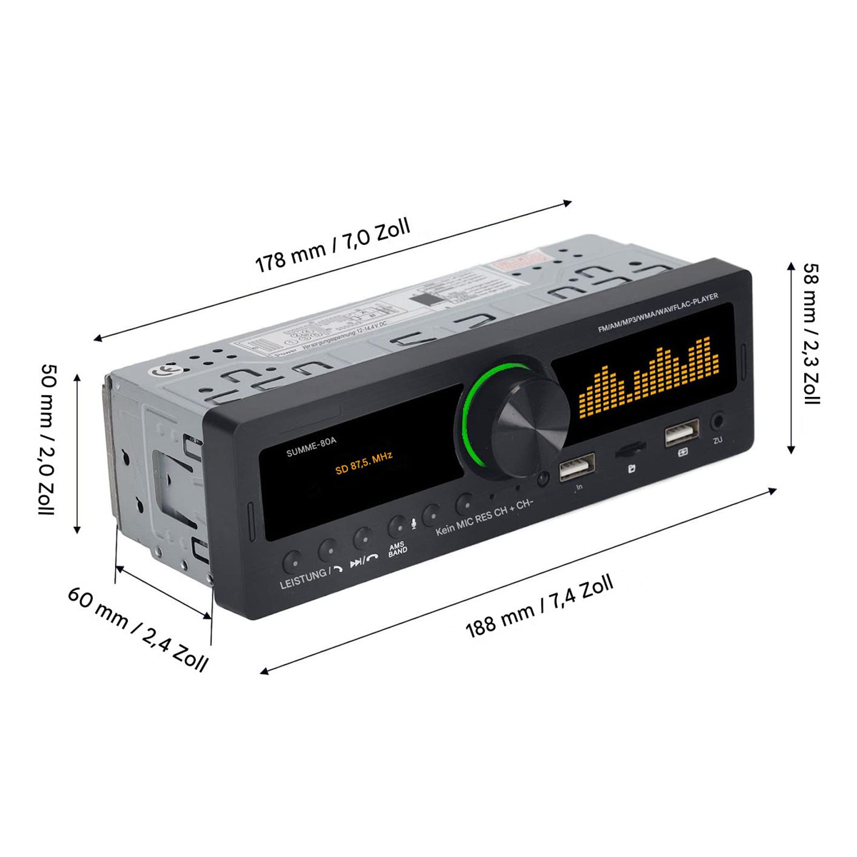 Ein Autoradio mit Abmessungen in Millimetern und Zoll. Verfügt über einen Bildschirm, Knöpfe und USB-Anschlüsse.