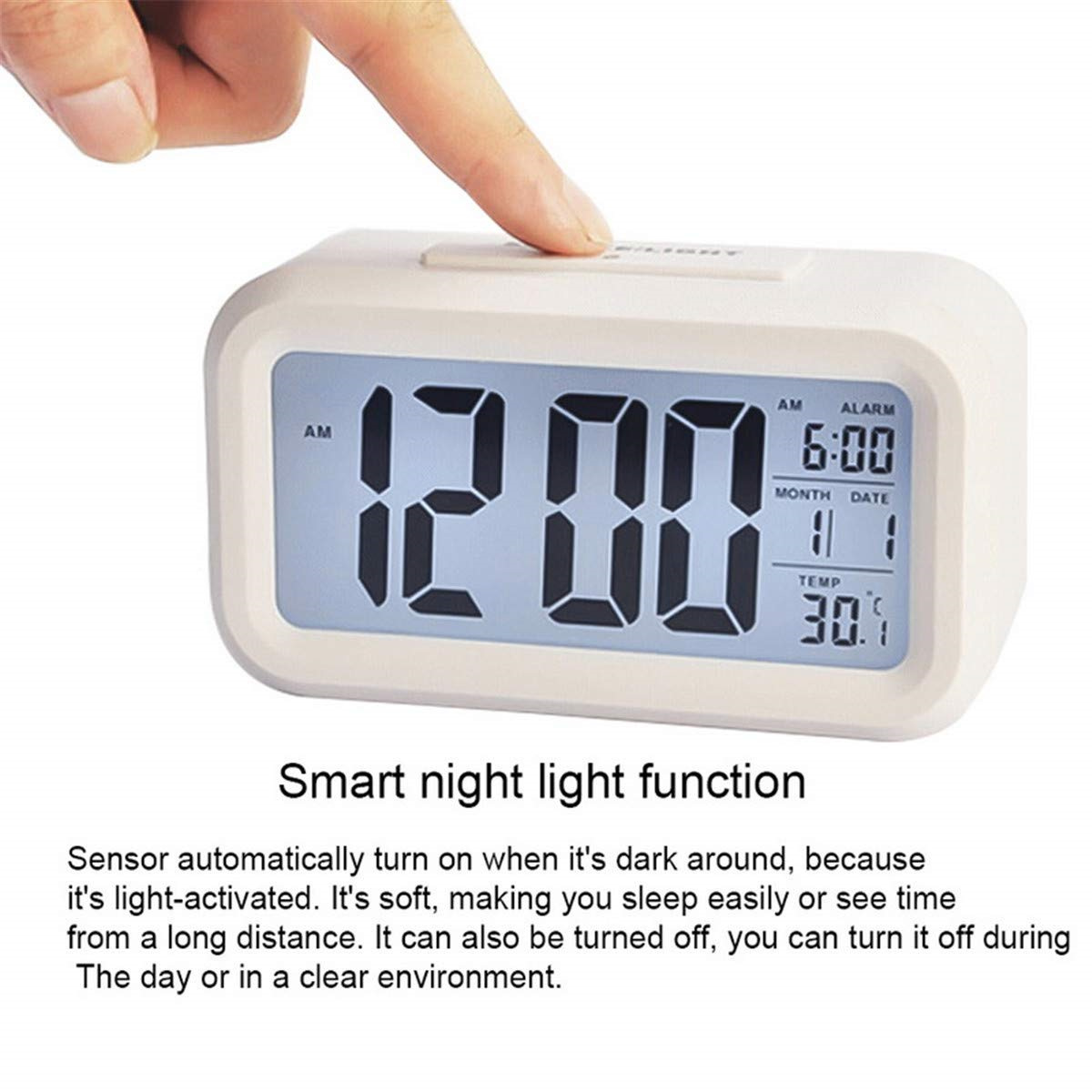 Weißer digitaler Wecker mit Anzeige 12:00 Uhr und 6:00 Uhr Alarm. Verfügt über eine intelligente Nachtlichtfunktion.