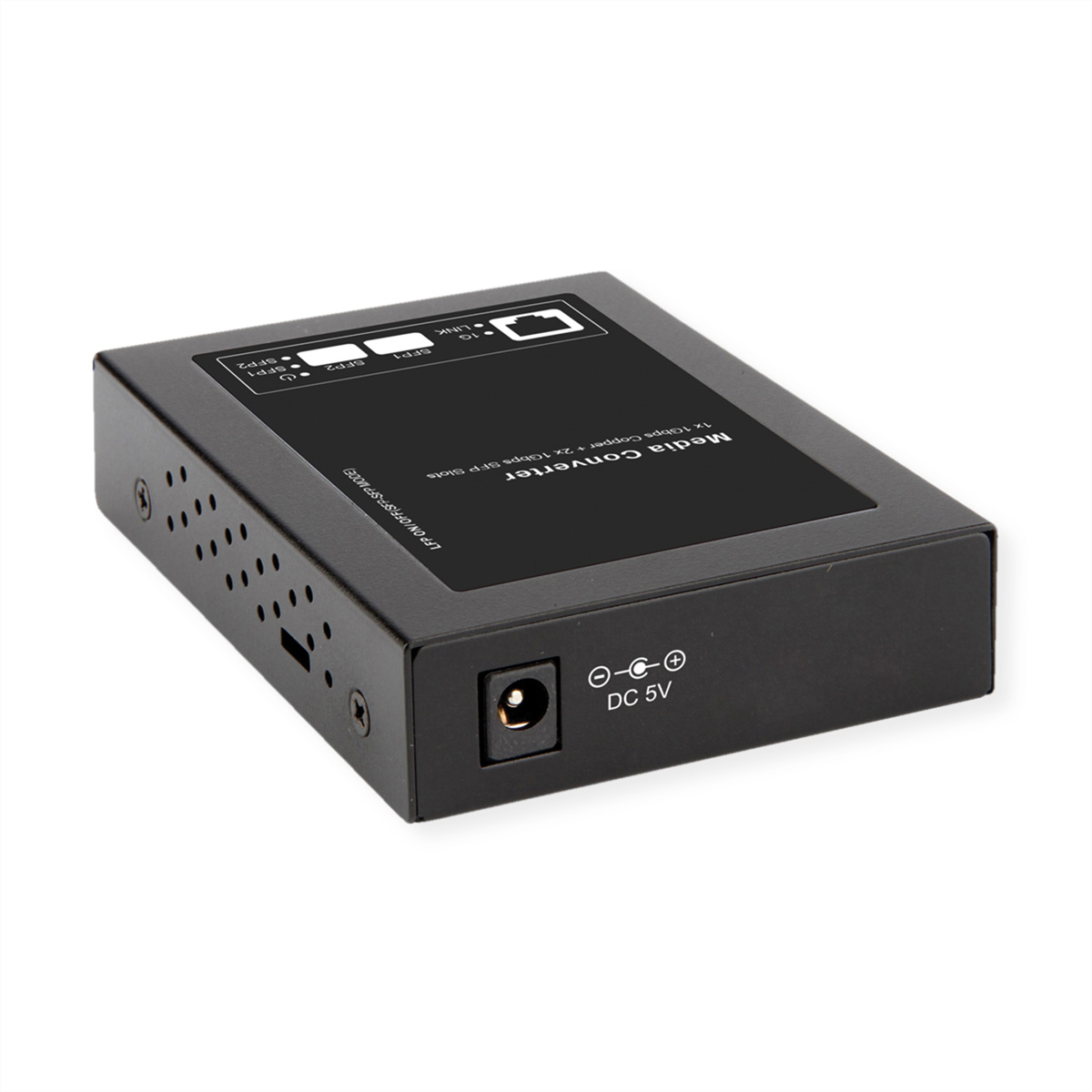 Convertisseur de média noir avec ports et entrée DC 5V.