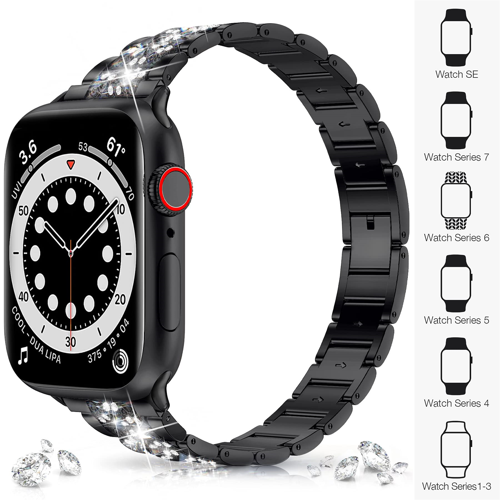 Schwarze Apple Watch mit Metallarmband. Diamanten auf dem Band.