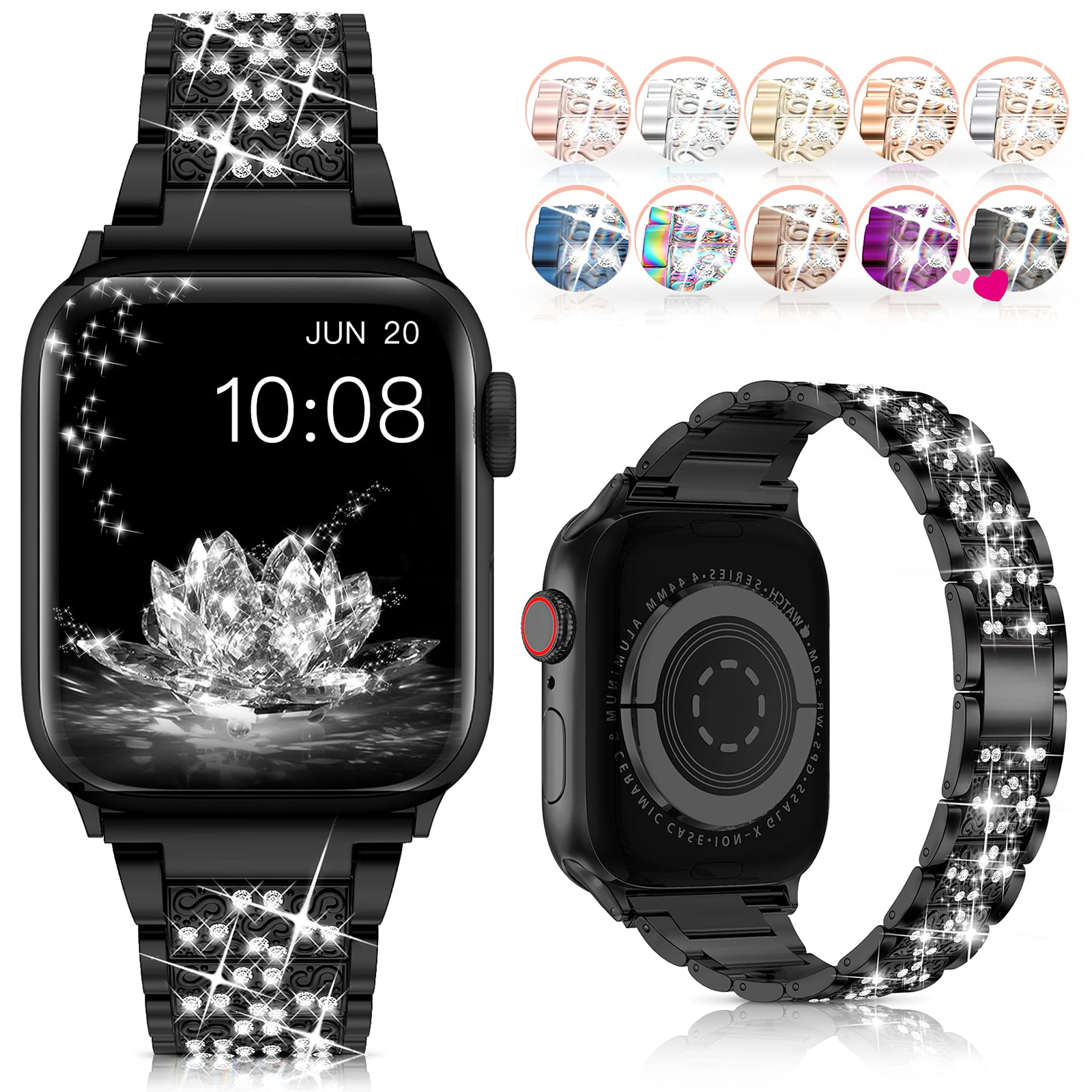 Schwarze Apple Watch mit glitzerndem Band, zeigt die Uhrzeit. Mehrere Bänder sind im Hintergrund sichtbar.