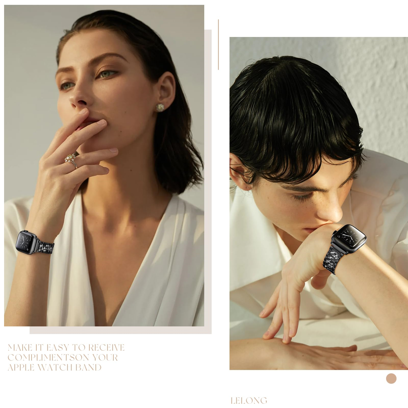 Zwei Bilder von Frauen mit einer Uhr mit gemustertem Armband, die das Produkt bewerben.