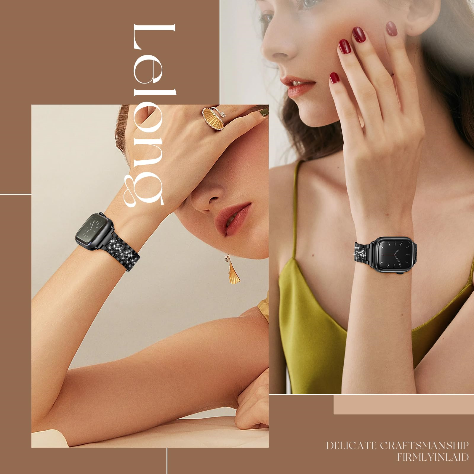 Frau mit Uhr, trägt Armband. Text: Feine Handwerkskunst. Fest eingelegt.