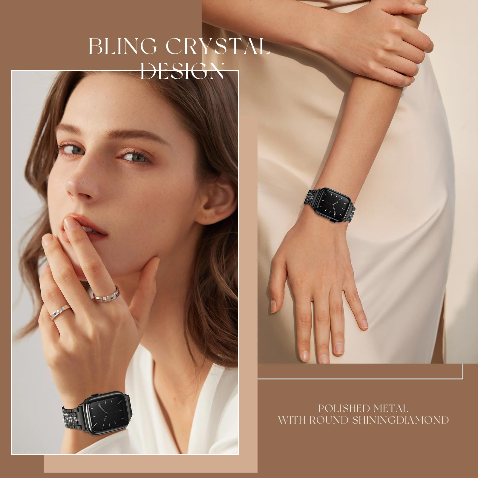 Frau mit Uhr mit schwarzem Armband und Zifferblatt. Text: BLING CRYSTAL DESIGN, POLISHED METAL.