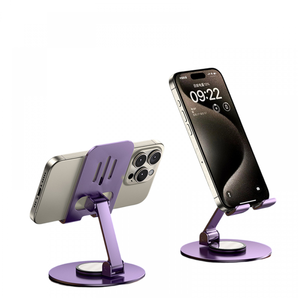 Zwei Telefone werden auf einem lila Ständer gezeigt. Ein Telefon steht aufrecht, das andere liegt auf der Seite. Weißer Hintergrund.