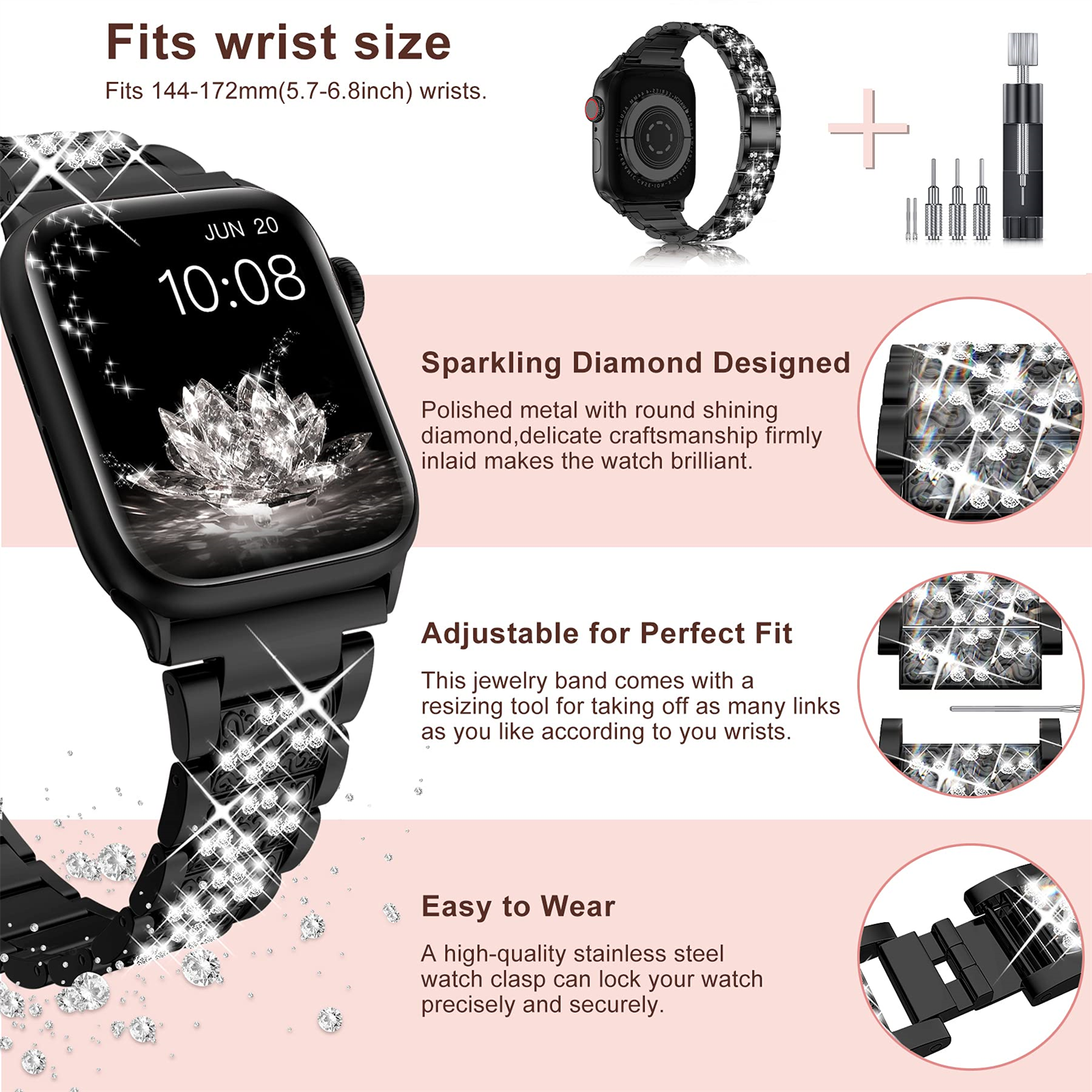 Eine schwarze Uhr mit einem diamantbesetzten Armband und einem Zifferblatt mit Datum und Uhrzeit.