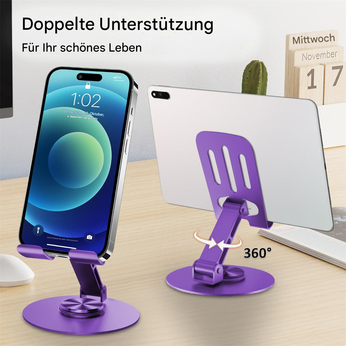 Lila Telefon- und Tablet-Ständer. Telefon zeigt einen Bildschirm mit Uhrzeit. Tablet ist auf der anderen Seite.