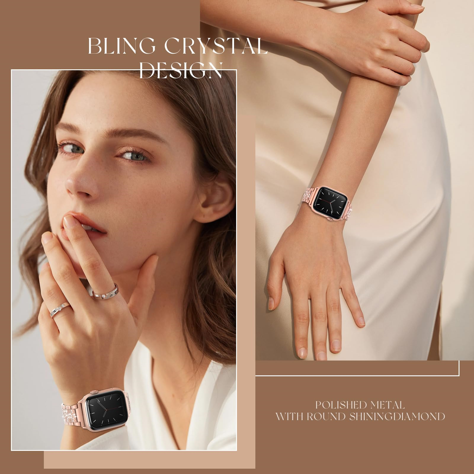 Frau mit Uhr und Ringen, Text: Bling Crystal Design, Polierter Metall.