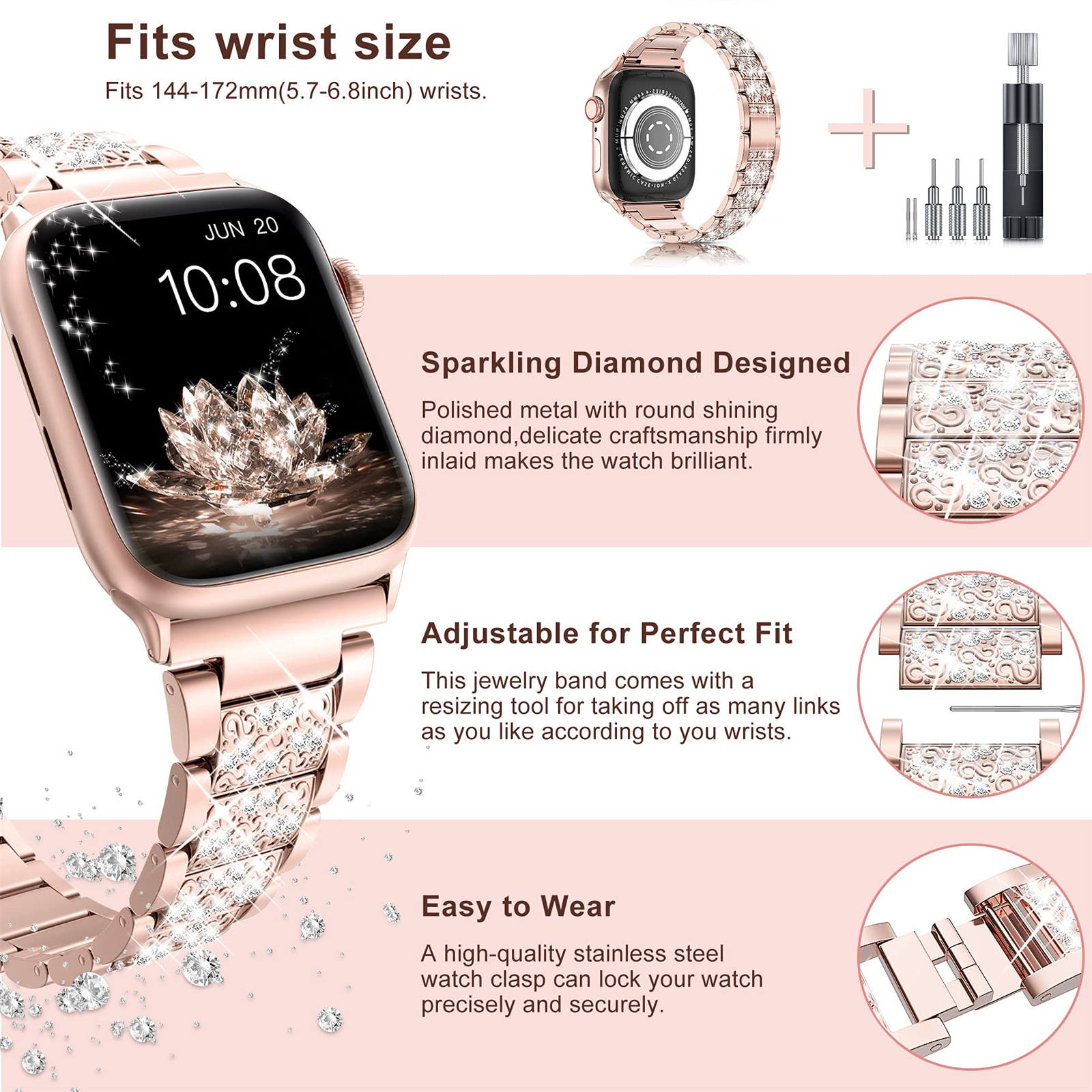 Roségoldene Uhr mit diamantbesetztem Armband und Zeitanzeige. Produktmerkmale darum herum.