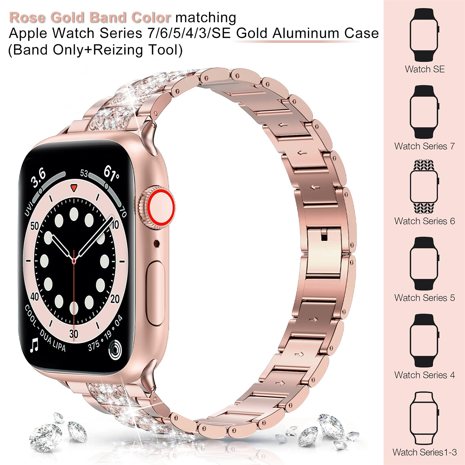 Roségoldene Apple Watch mit passendem Armband und Diamanten.