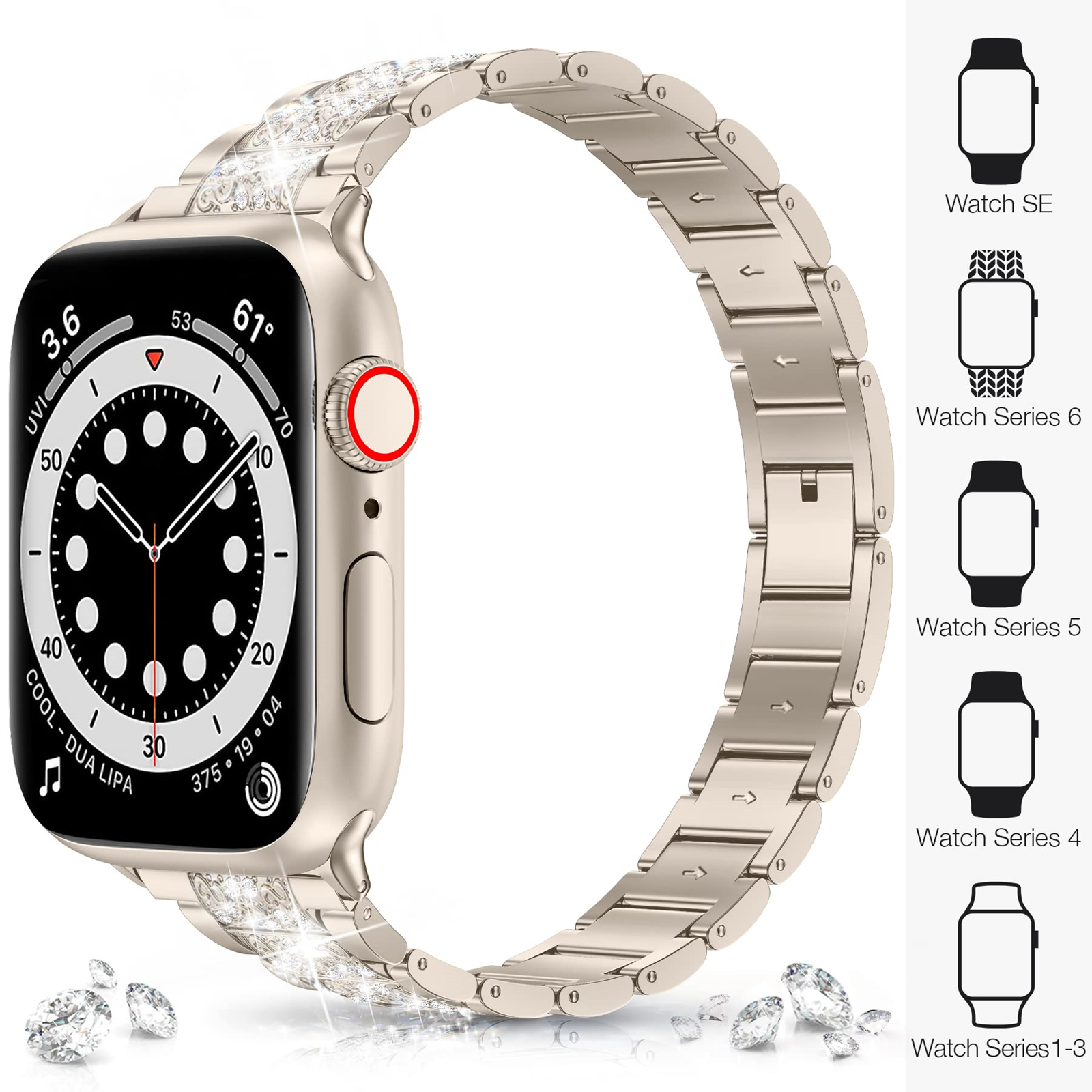 Eine silberne Smartwatch mit einem Metallarmband mit Diamanten. Sie zeigt die Zeit und hat einen roten Knopf.