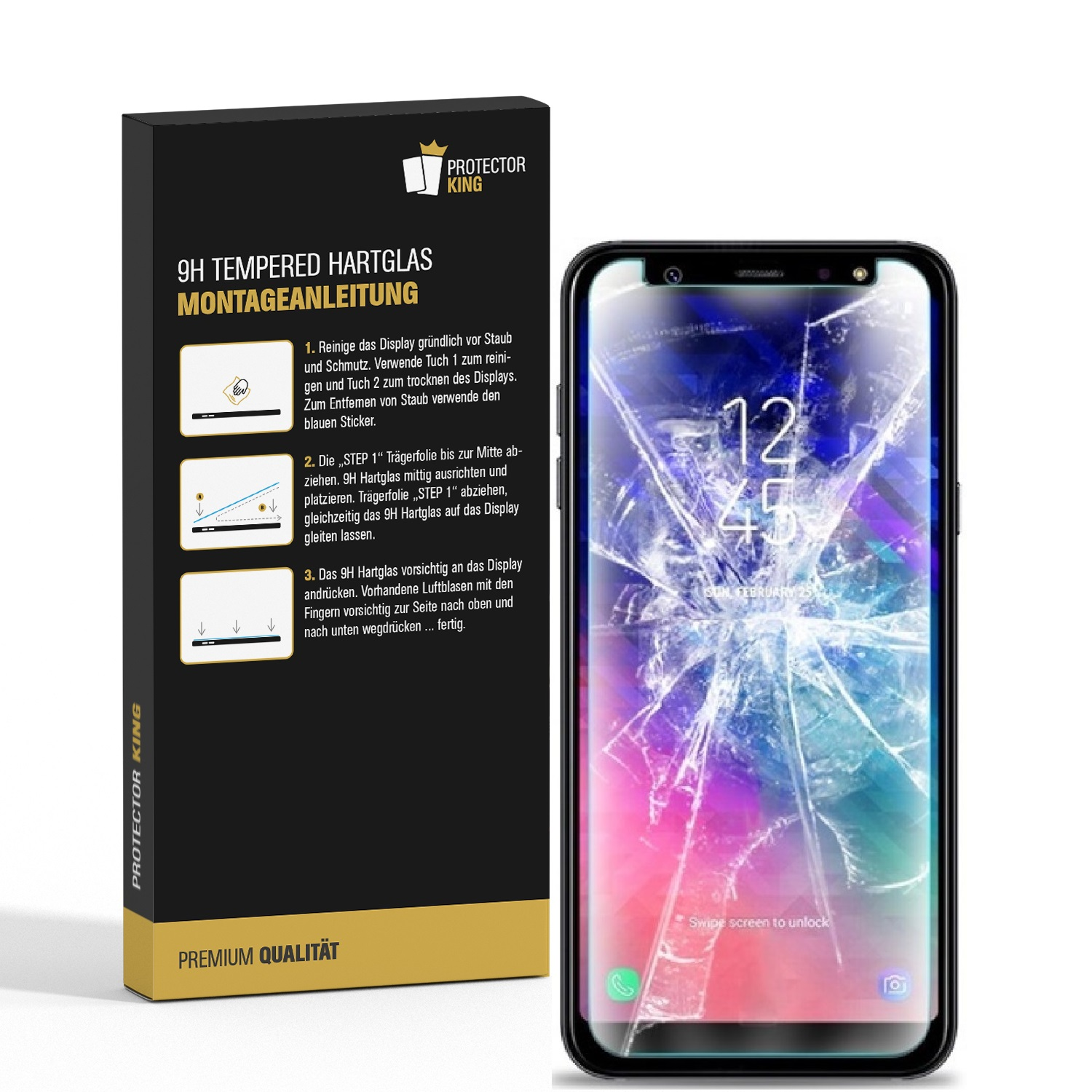 Ein Telefon mit gesprungenem Bildschirm neben einer Box mit Installationsanweisungen für Schutzfolie.