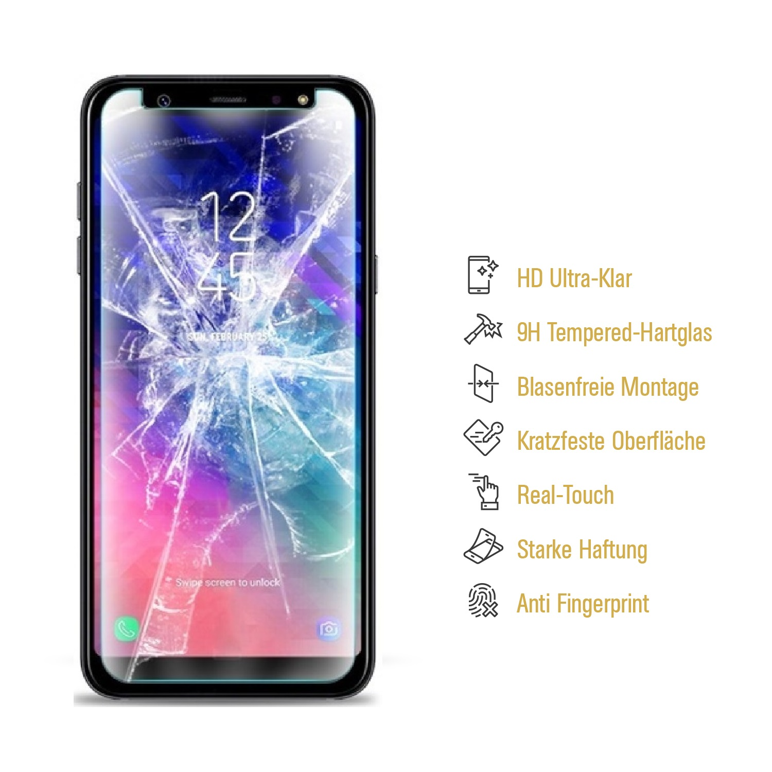 Ein Smartphone-Bildschirm mit Rissen und Text, der Funktionen beschreibt. Das Telefon liegt auf einer weißen Oberfläche.