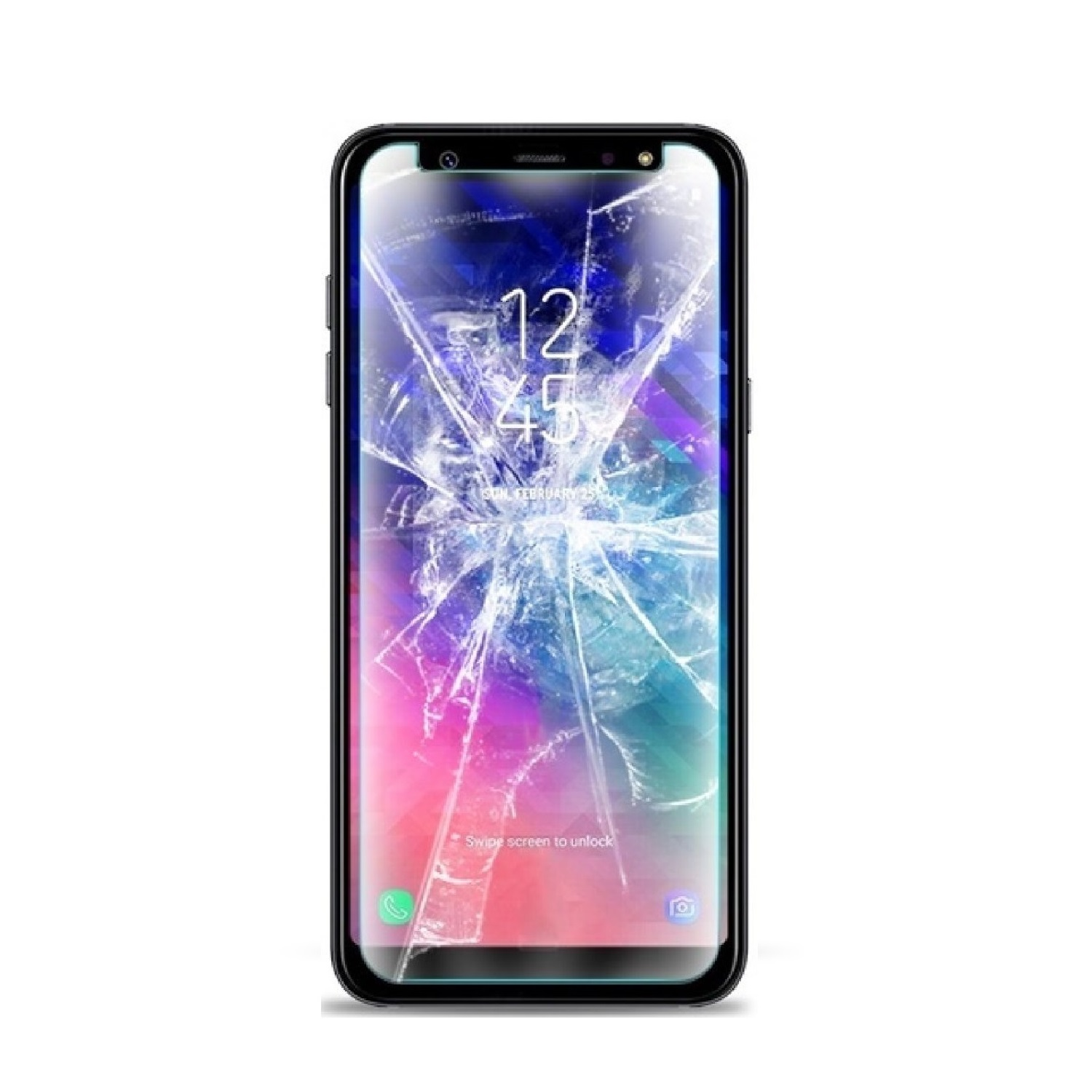 Ein gerissener Smartphone-Bildschirm, der einen Sperrbildschirm mit der Uhrzeit anzeigt. Weißer Hintergrund.