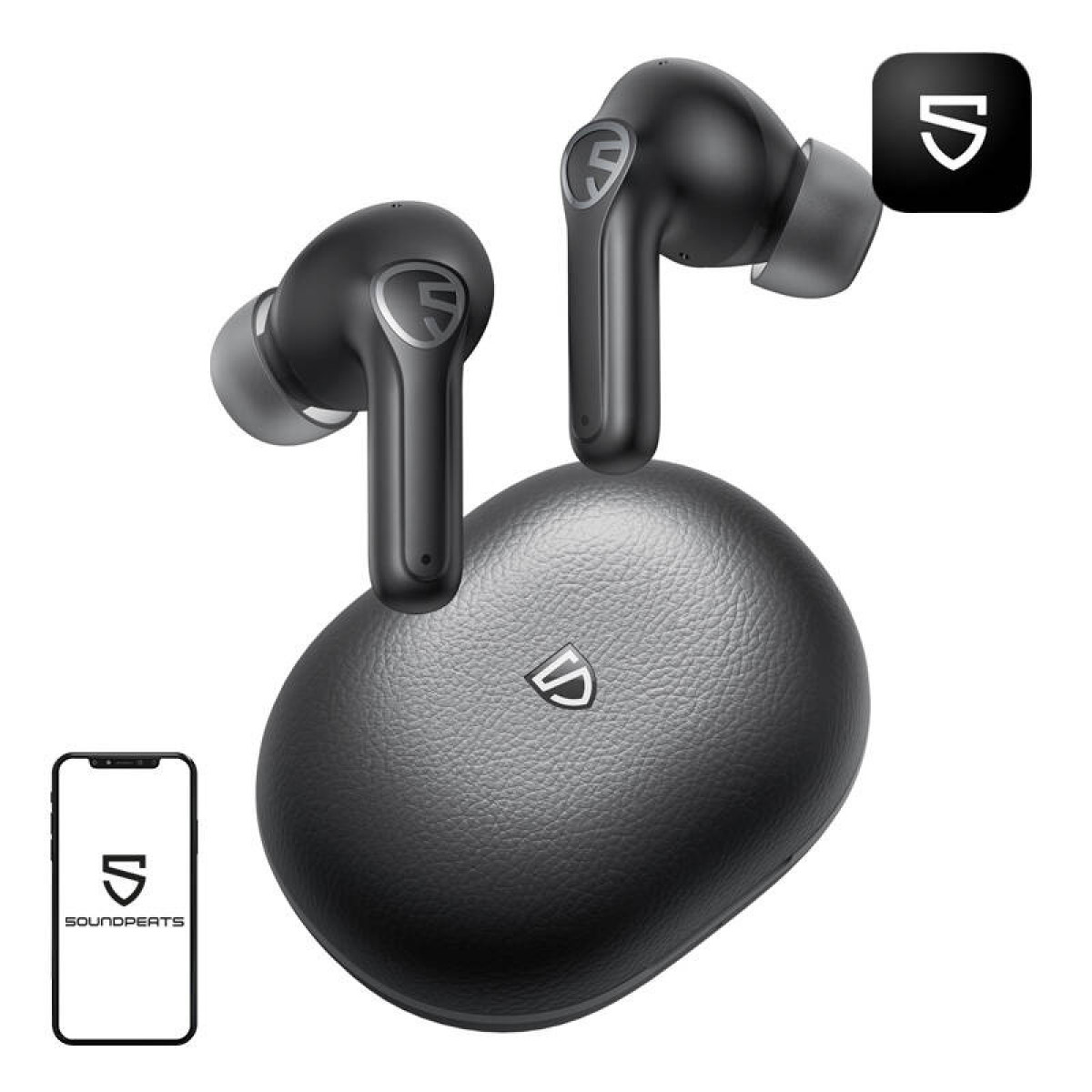 Schwarze kabellose Ohrhörer und Ladeetui mit Telefon und Logo.