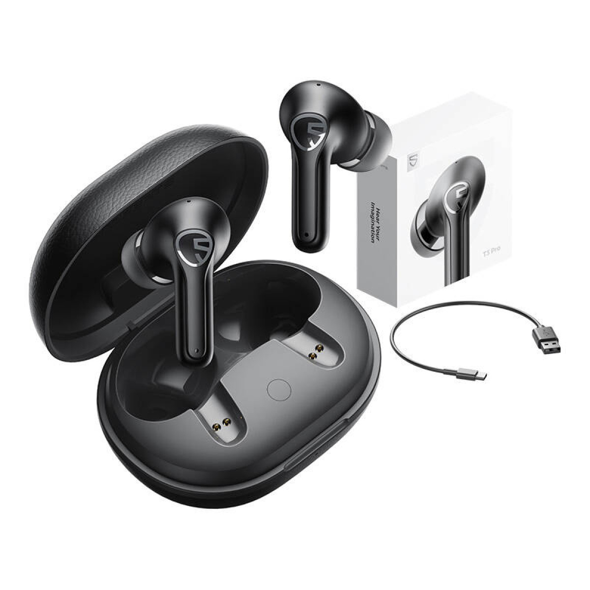 Schwarze kabellose Ohrhörer in einem Ladeetui, mit Ladekabel und Produktverpackung.