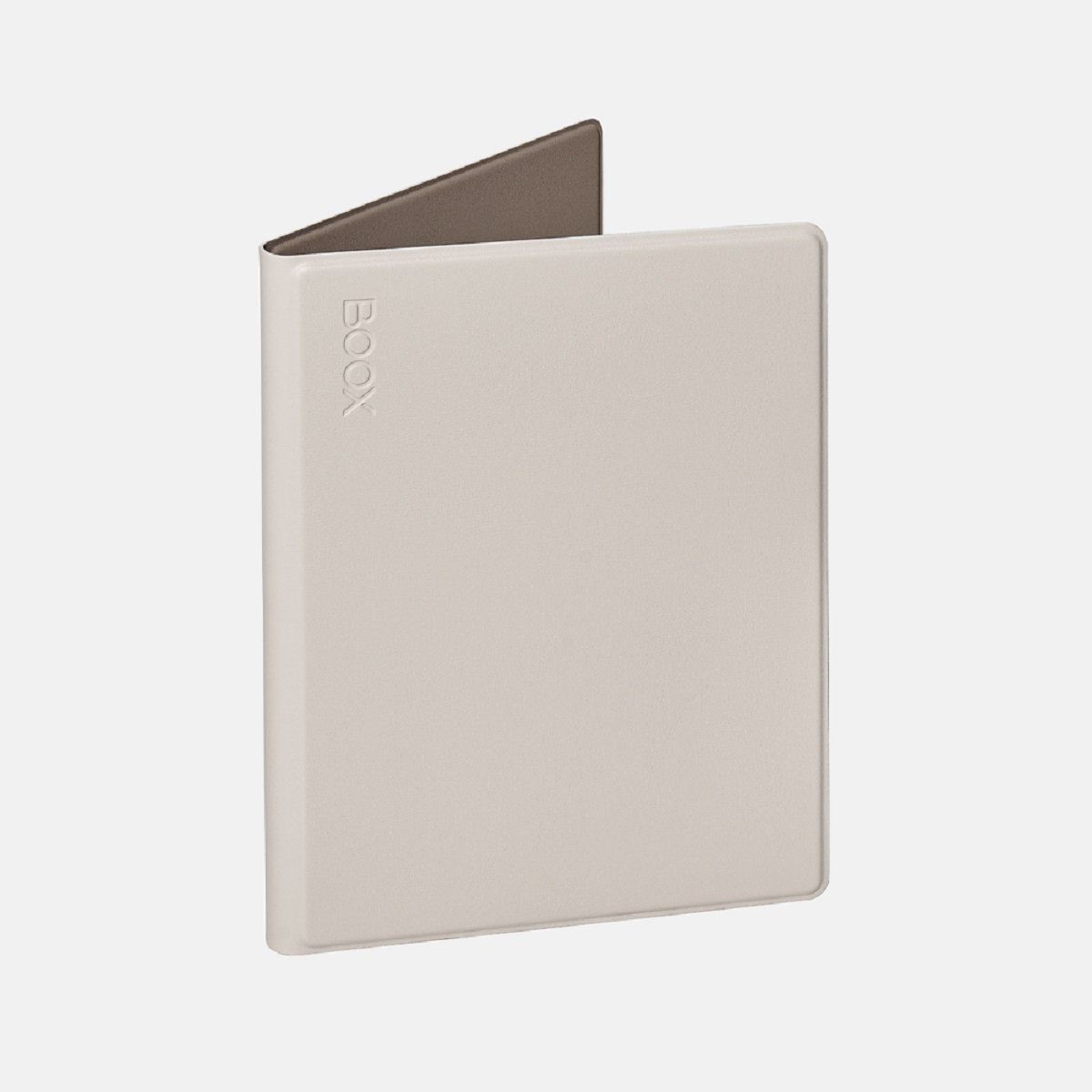 Copertina del libro chiusa. Colore beige con testo BOOX.