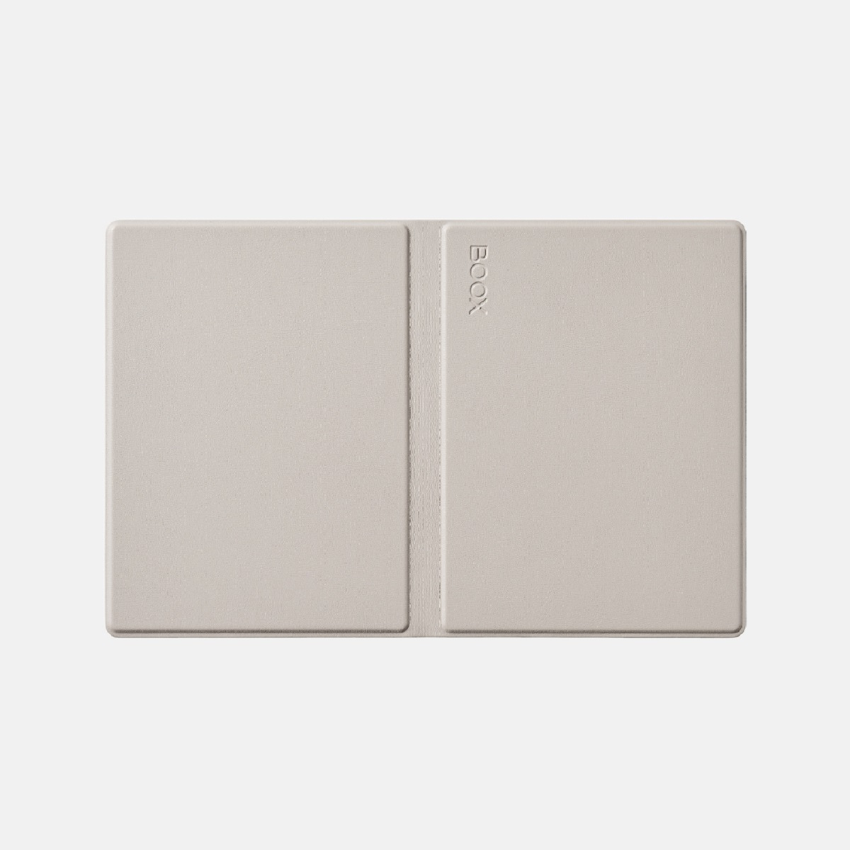 Custodia beige, aperta, a due pannelli. Il pannello sinistro è aperto.
