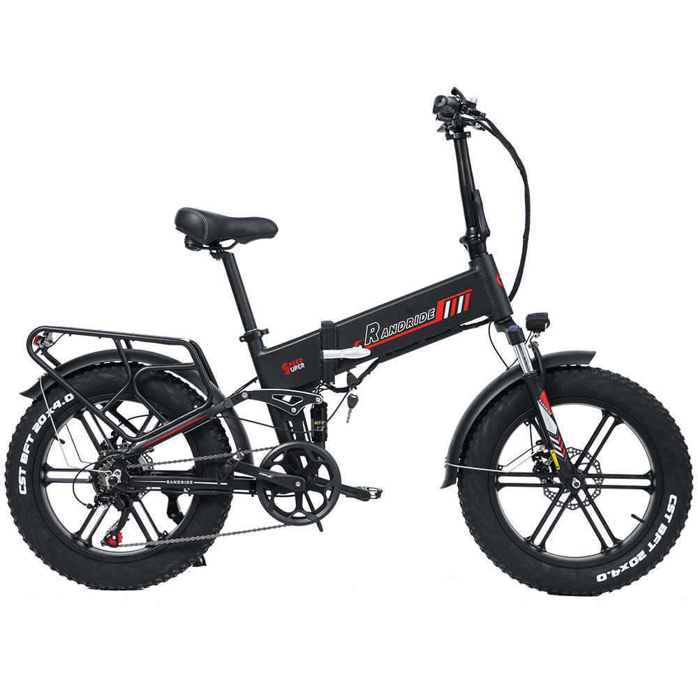 Schwarzes und rotes faltbares Elektrofahrrad mit breiten Reifen, beschriftet 'Randride'. Batterie und Gänge sichtbar.