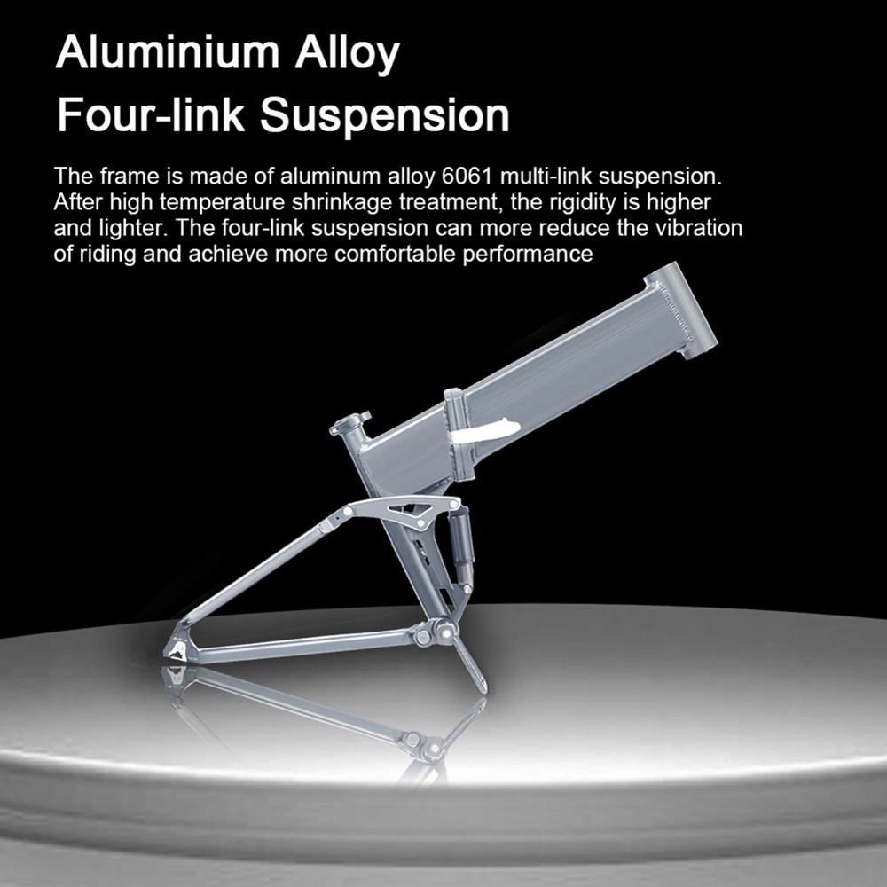 Ein Rahmen aus Aluminiumlegierung. Es ist eine Vierlenkeraufhängung. Der Hintergrund ist hell.