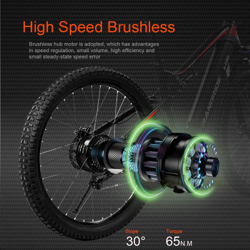 E-Bike-Rad mit Nabenmotor. Das Rad ist schwarz und hat einen Nabenmotor mit grün-blauem Grafik-Overlay.