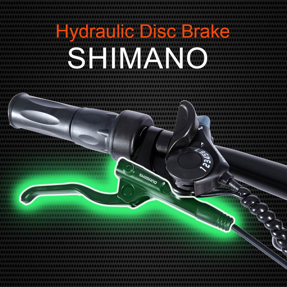Nahaufnahme eines Shimano hydraulischen Scheibenbremssystems an einem Fahrrad.