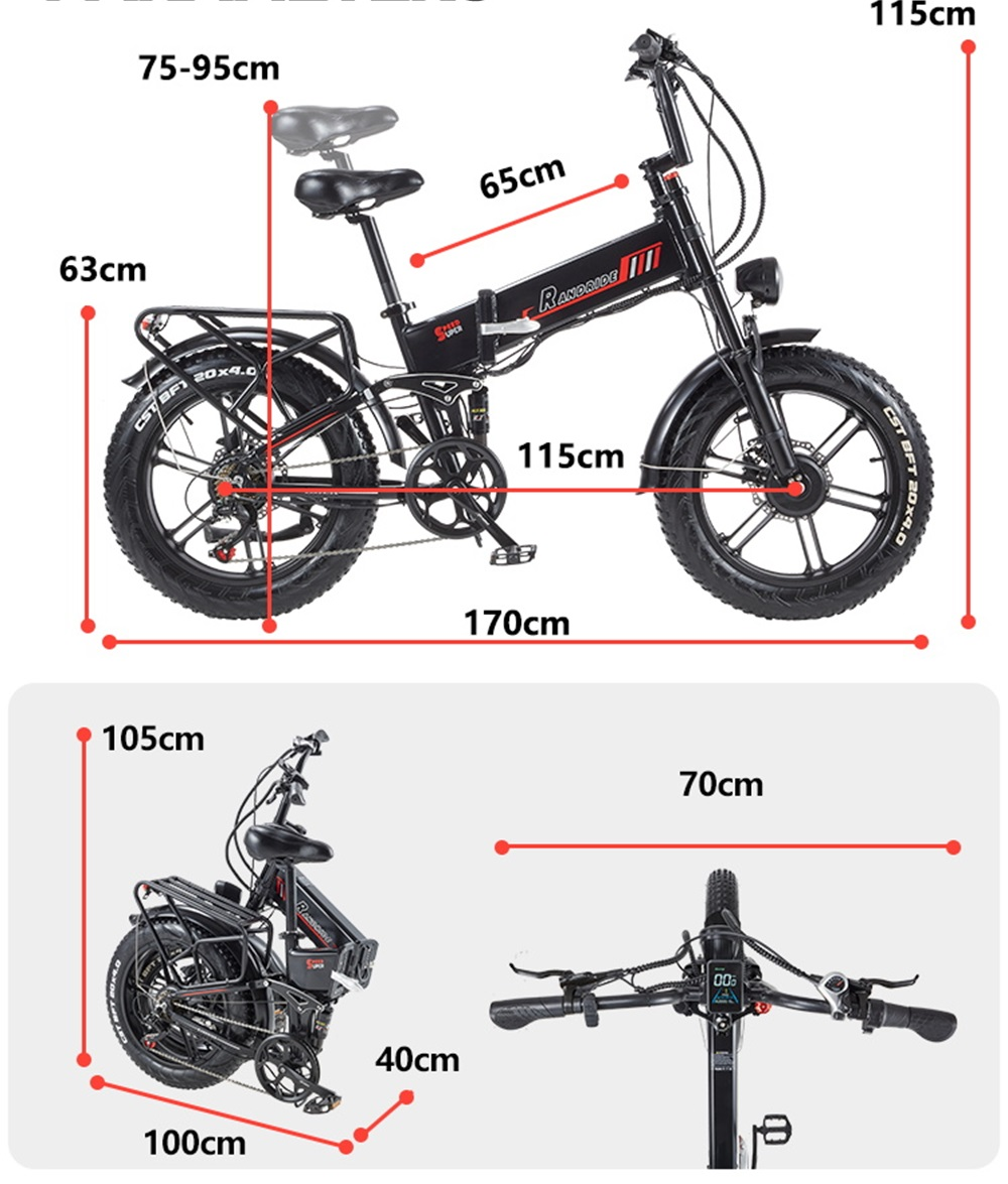 Schwarzes Elektrofahrrad mit Maßangaben am Fahrrad und in separaten Diagrammen.