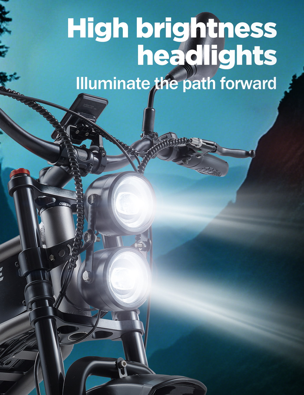 Focos de bicicleta. Luces blancas brillantes que brillan hacia adelante, contra un fondo borroso.