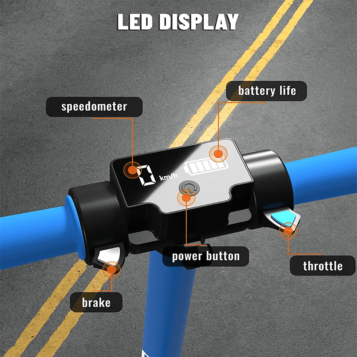 Nahaufnahme des blauen Rollerlenkers mit LED-Anzeige für Geschwindigkeit, Akku und Power-Taste.