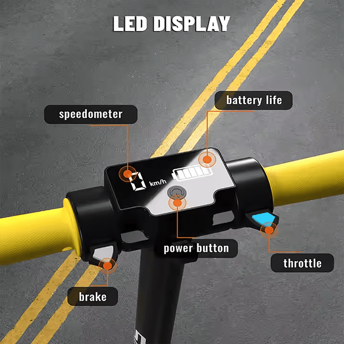 Kierownica hulajnogi elektrycznej z wyświetlaczem pokazującym prędkościomierz i żywotność baterii. Przyciski hamulca i przepustnicy.
