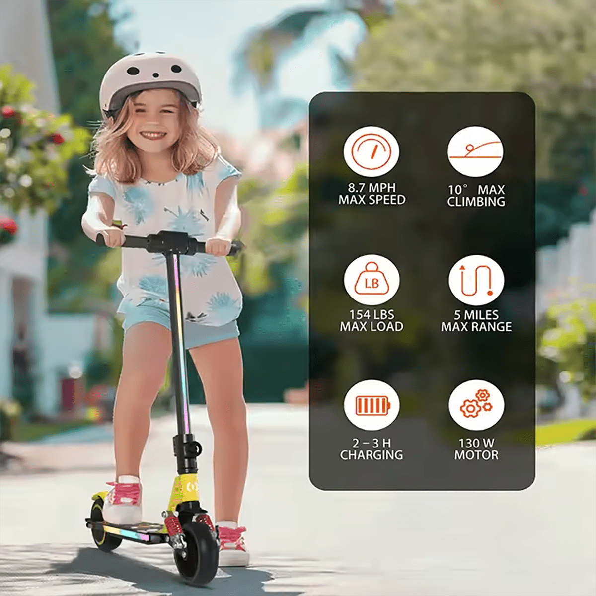 Dziewczyna na żółtej hulajnodze się uśmiecha. Infografiki pokazują prędkość, wspinaczkę, obciążenie, zasięg, ładowanie i specyfikacje silnika.