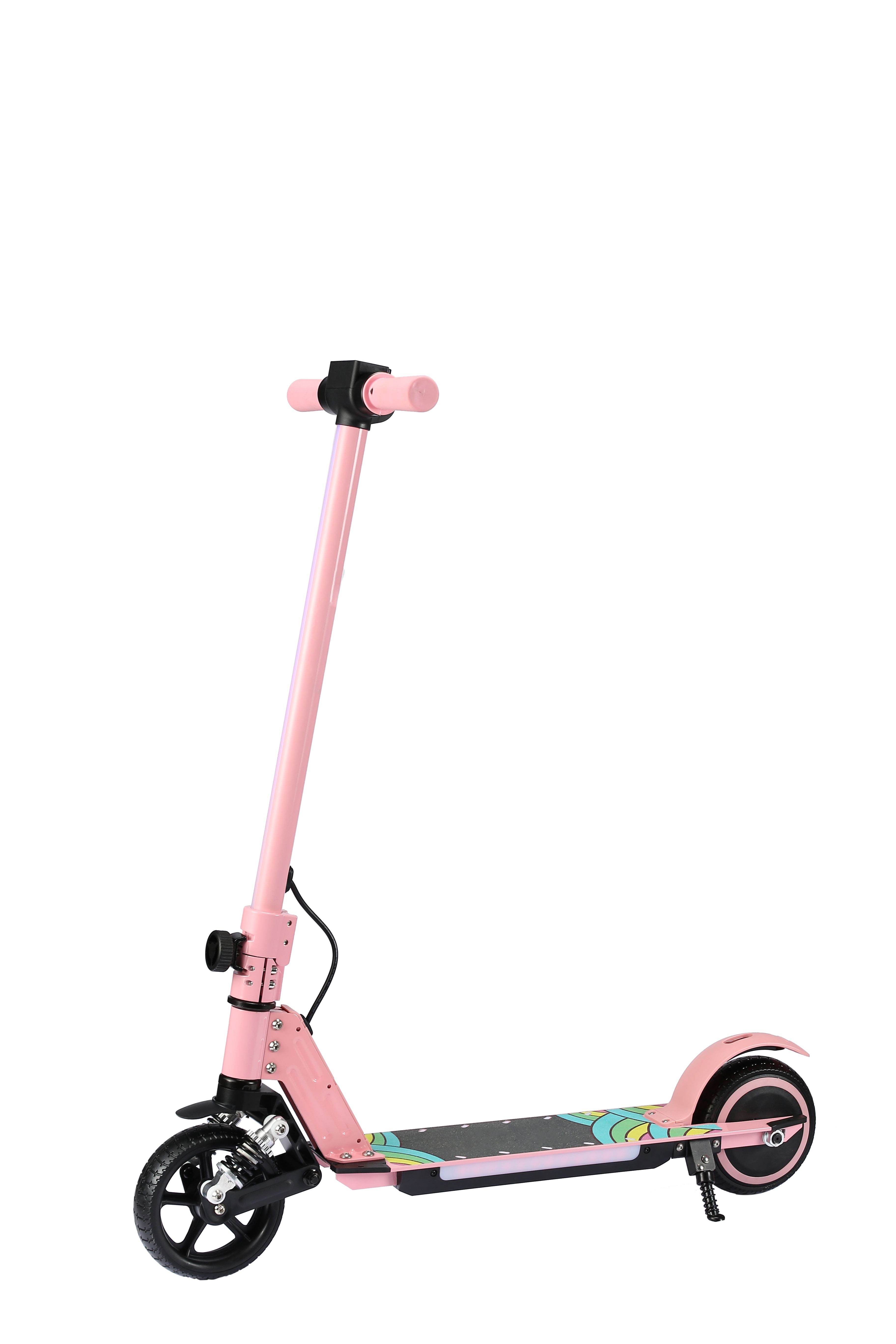 Ein pinkfarbener Elektroroller mit farbenfrohem Deck, von der Seite vor weißem Hintergrund gesehen.