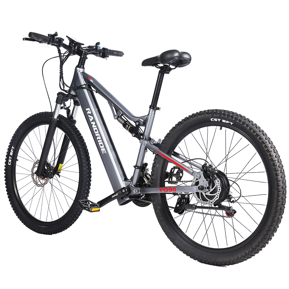 Graues Elektrofahrrad mit schwarzen Reifen und einem RANDRIDE-Logo auf dem Rahmen.