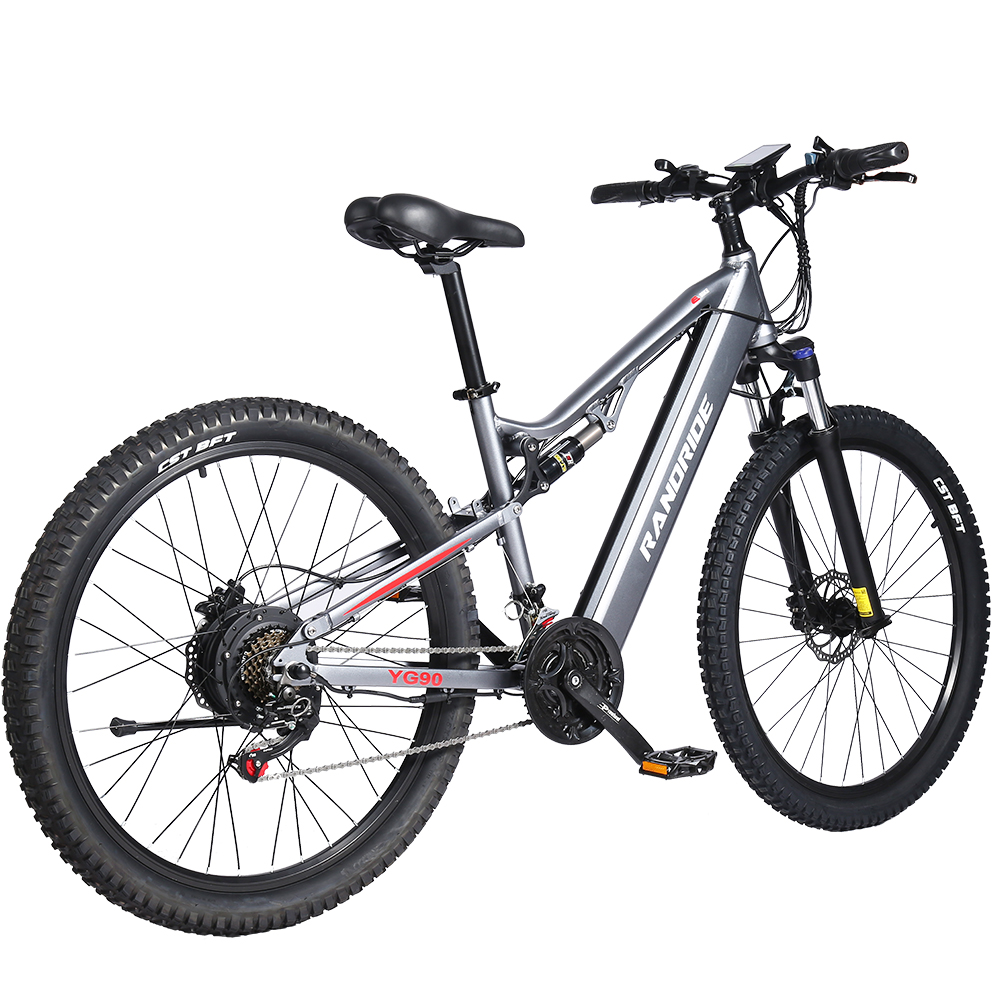 Grau-schwarzes Mountainbike, Modell YG90, freigestellt auf Weiß.