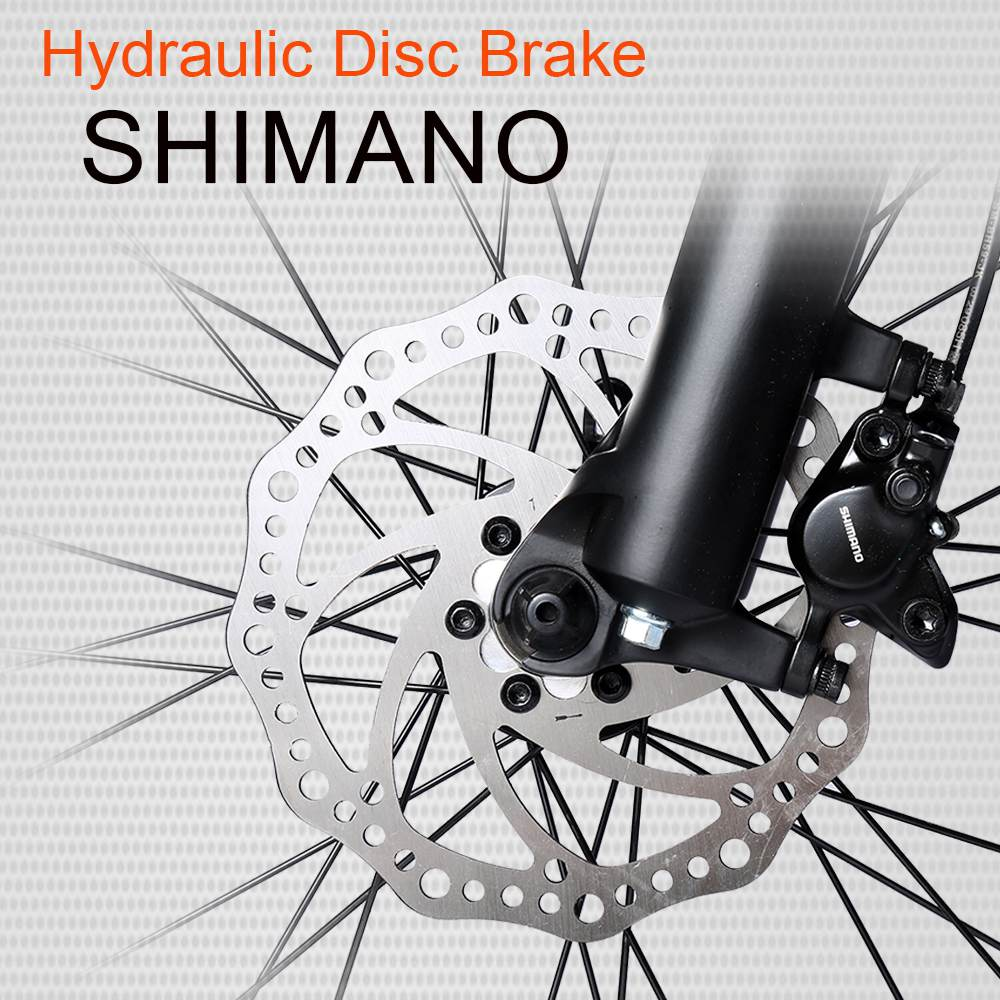 Eine Fahrrad-Scheibenbremse mit dem Shimano-Logo. Das Bild zeigt die Details der Bremse.