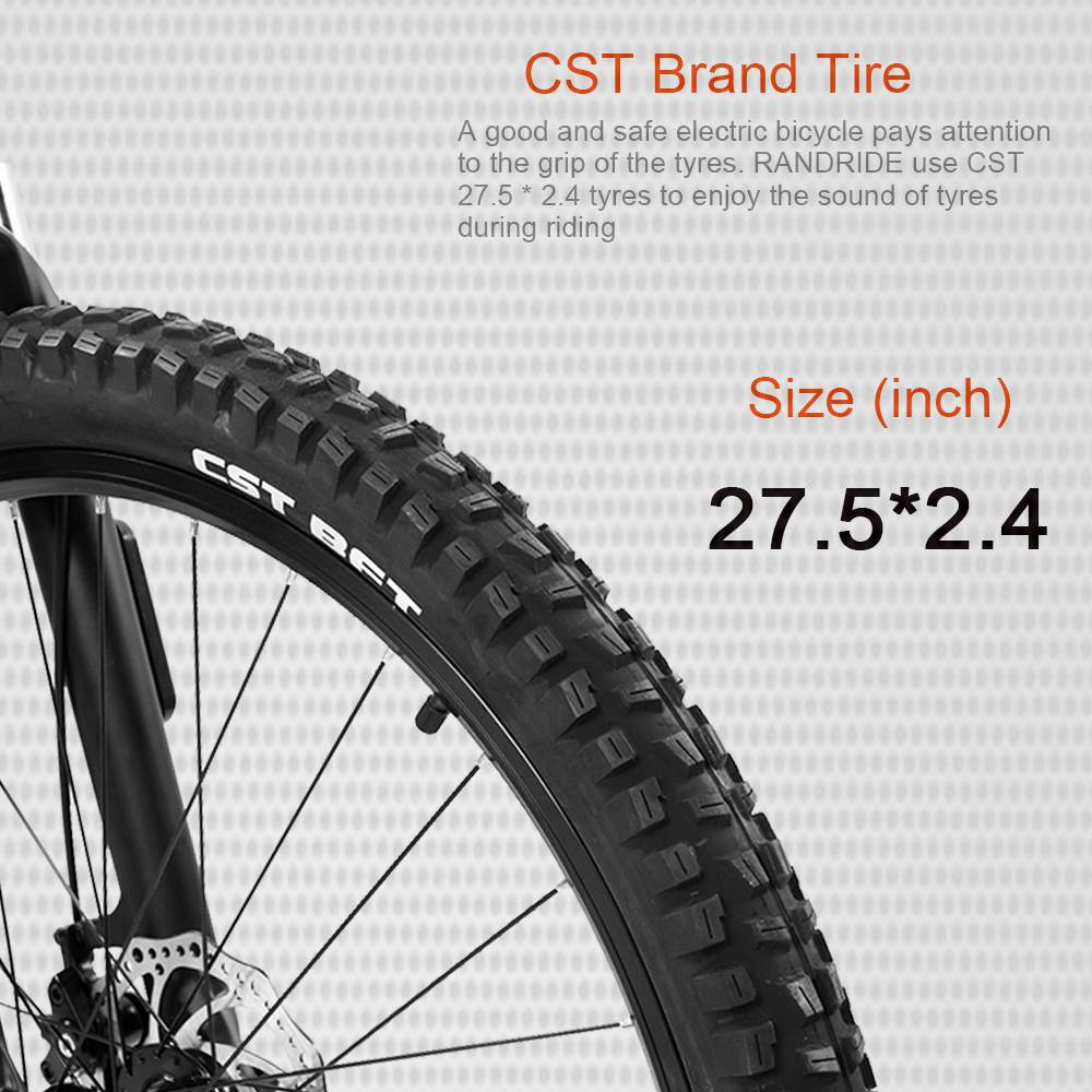 Nahaufnahme eines Fahrradreifens mit dem Text "CST Brand Tire" und Größenangaben: 27,5 * 2,4 Zoll.