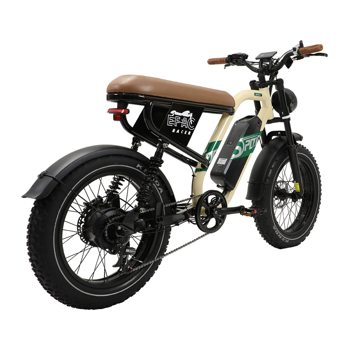 Kremowy rower elektryczny z czarnymi błotnikami i akcentami. Ma brązowe siodełko i kierownicę.