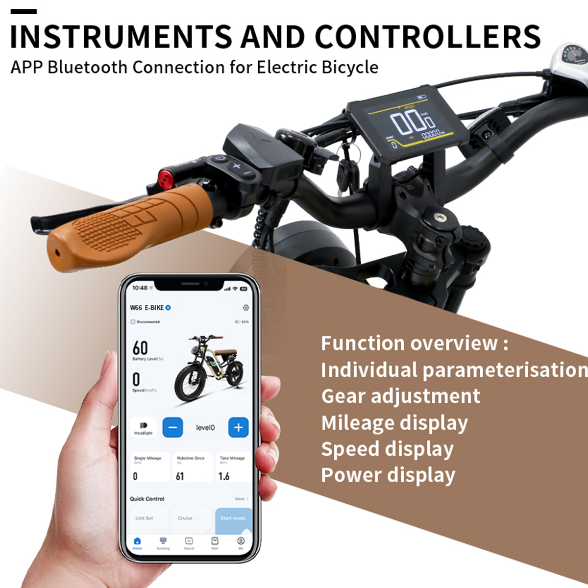 Kierownica i wyświetlacz roweru elektrycznego. Telefon wyświetla statystyki roweru. Tekst: Instrumenty i kontrolery.