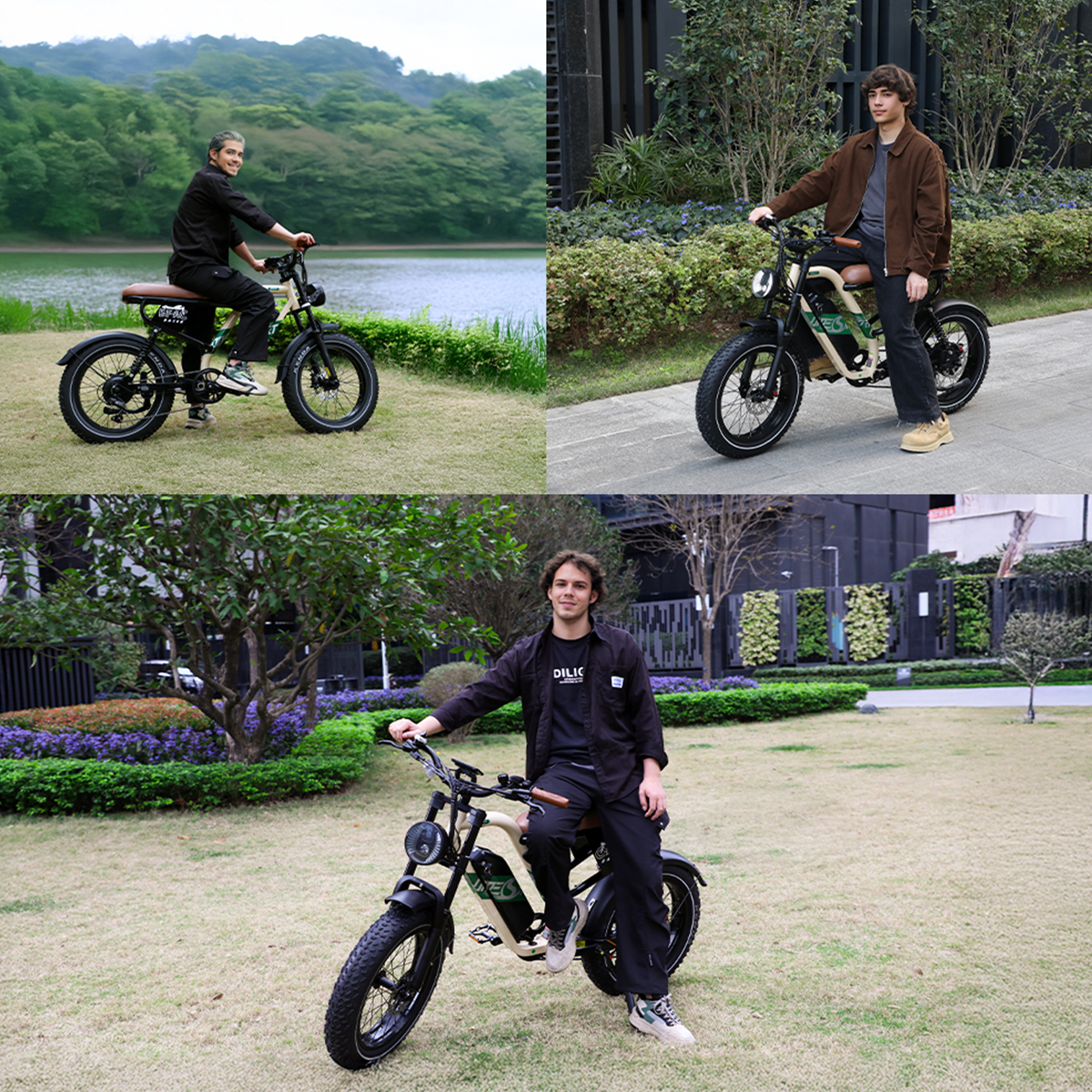 Trzy osoby jeżdżące na rowerach elektrycznych w parku i nad jeziorem.