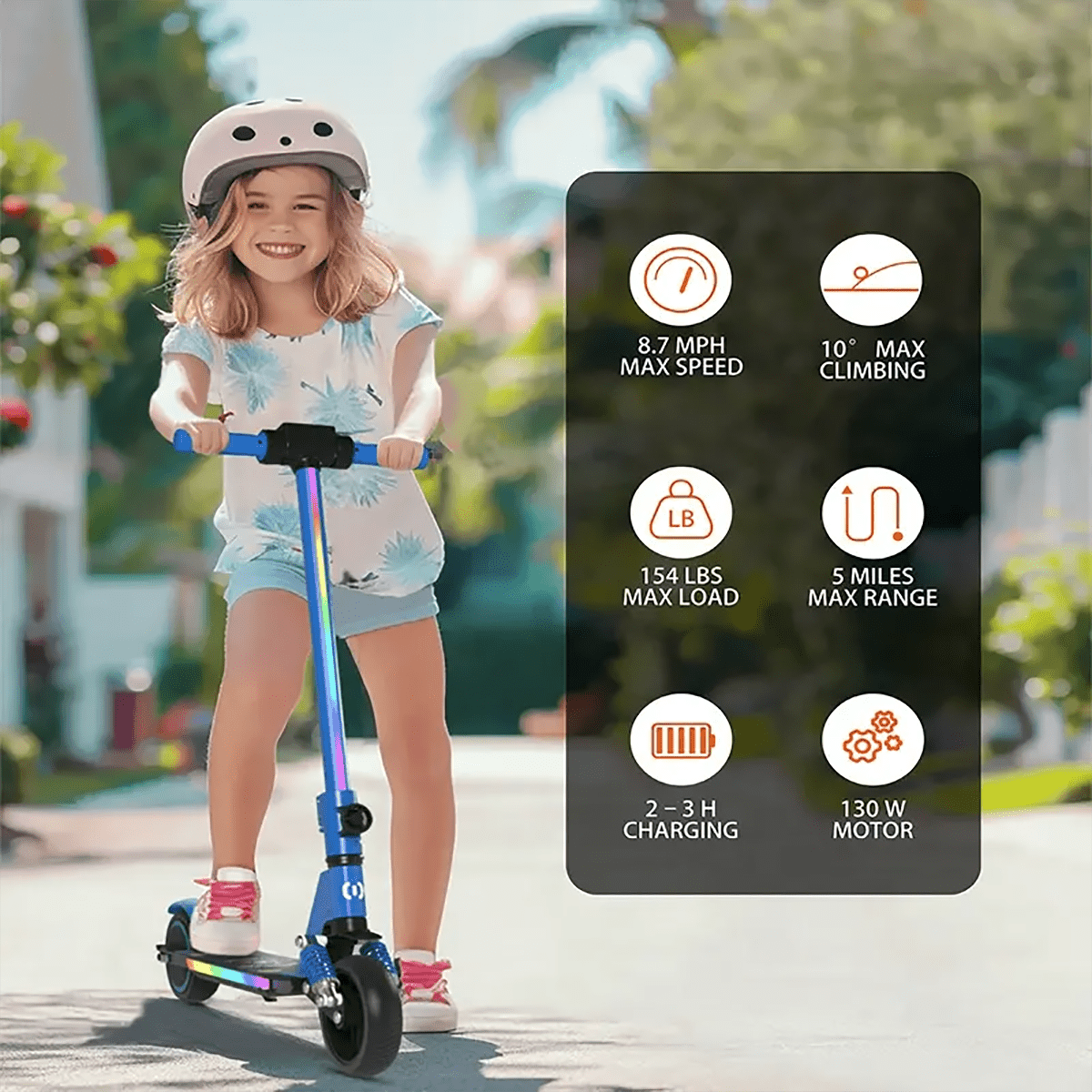 Dziewczyna jadąca niebieską hulajnogą elektryczną. Zawiera specyfikacje dotyczące prędkości, zasięgu, ładowania i silnika.
