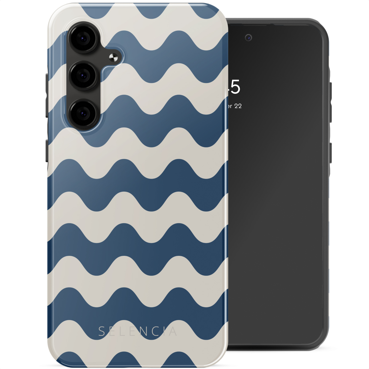 Telefoonhoesje met een blauw en wit golfpatroon. Een telefoon ernaast, met de datum op het scherm.