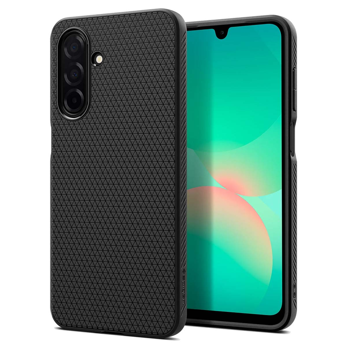 Coque de téléphone noire avec surface texturée. Vue latérale du téléphone.