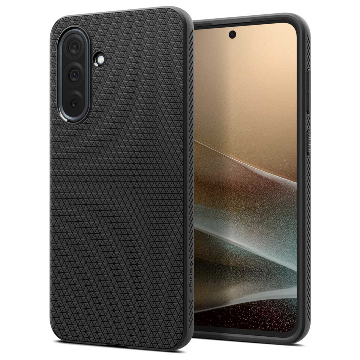 Zwarte telefoonhoes met textuurpatroon, telefoon erin.