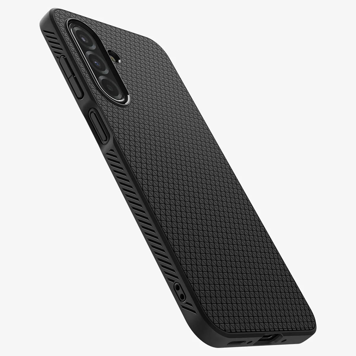 Coque de téléphone noire avec design texturé. Plusieurs caméras et boutons. Fond blanc.