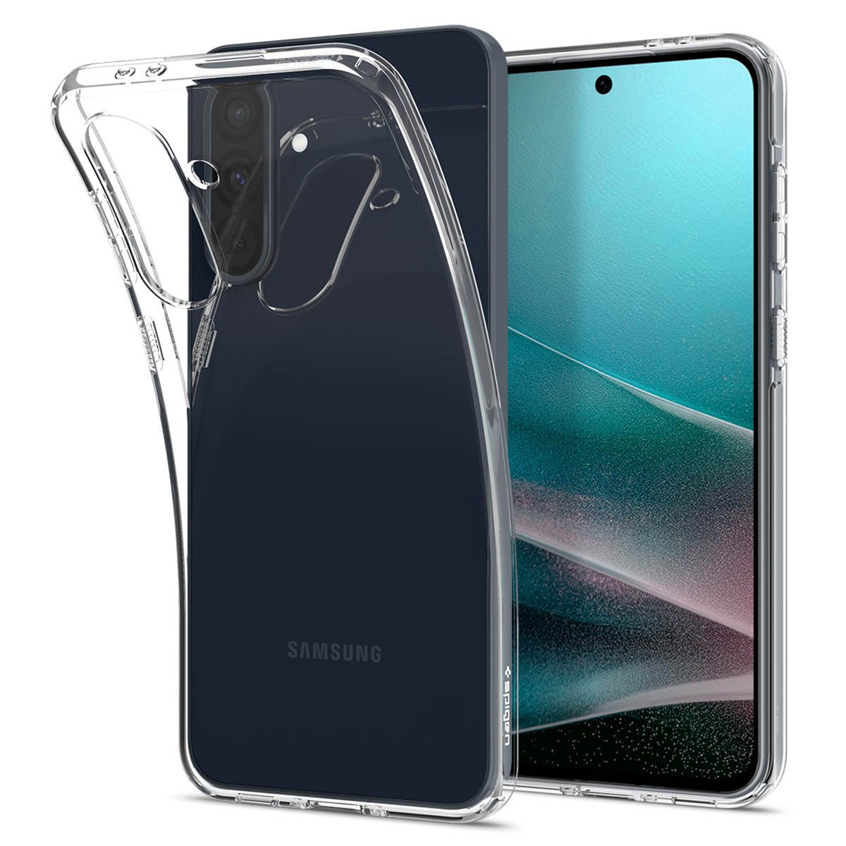 Custodia trasparente su un telefono nero. Logo Samsung visibile.
